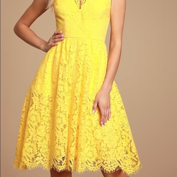 LULU'S Love Swept Yellow Lace Midi Skater Dress - Picture 3 of 12